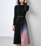 Gradient Pleated Splicing Belted Knit Dress