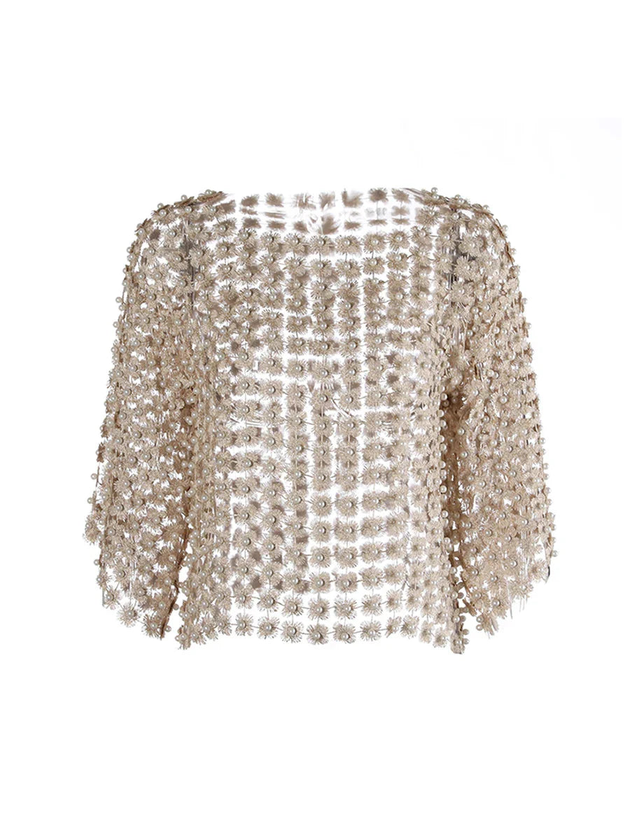 Hollow Out Patchwork Pearls T-Shirt